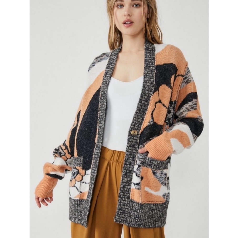 Free People Cardigan August Orchid Button Front Orange Gray Oversize Medium